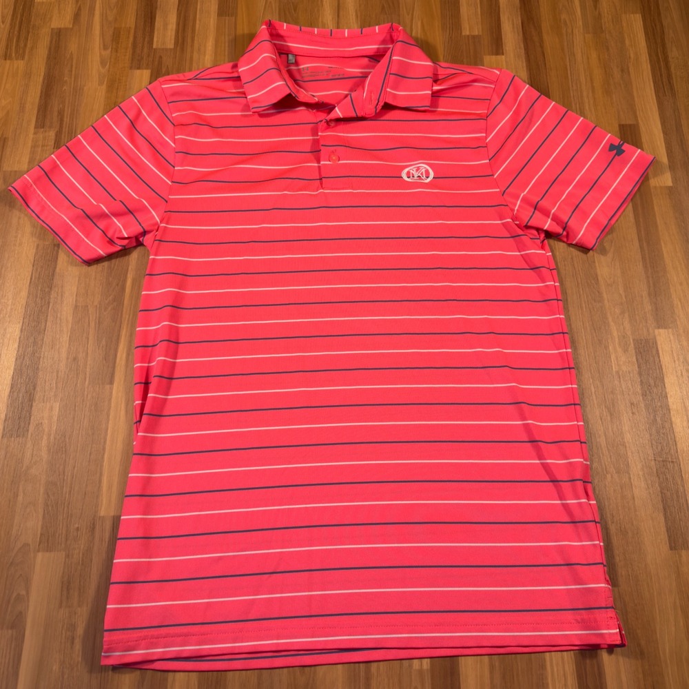 Under Armour Mens HeatGear Striped Polo Shirt Pink Blue MK Logo Small SM Loose